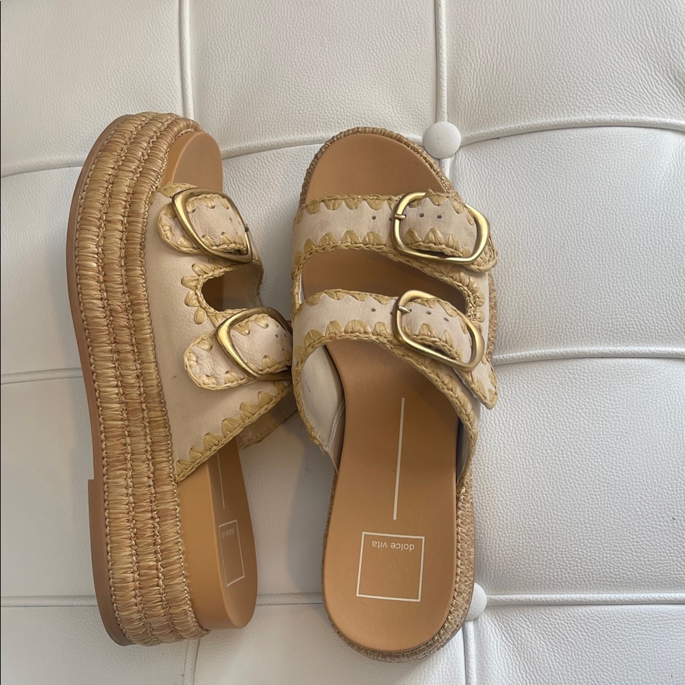 Dolce Vita Cream Platform Sandal Slides with Gold Buckles